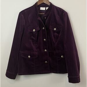 EUC Chicos Purple Velvet Jacket Blazer Gold Buttons Size 2 Large 12